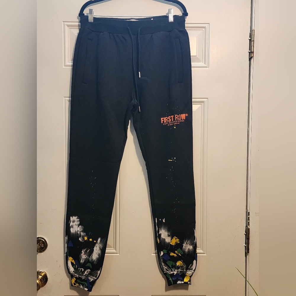 New Mens First Row Black Joggers with Paint Splatter